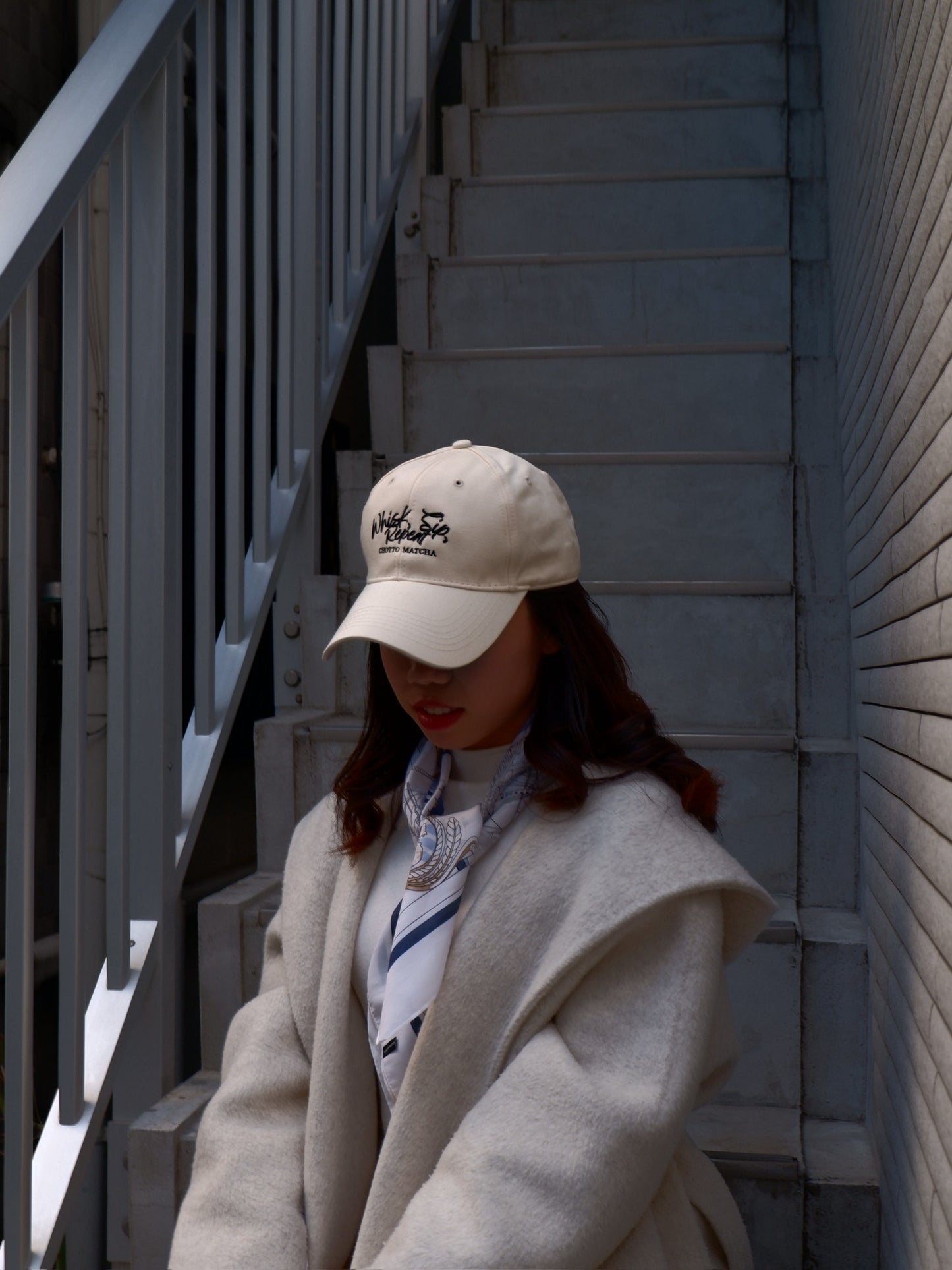 Person wearing a beige cap and coat standing on a staircase.