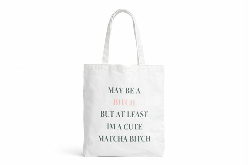 White tote bag with text on a white background