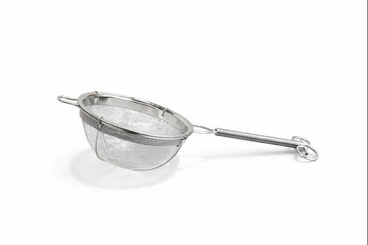Metal mesh strainer on a white background