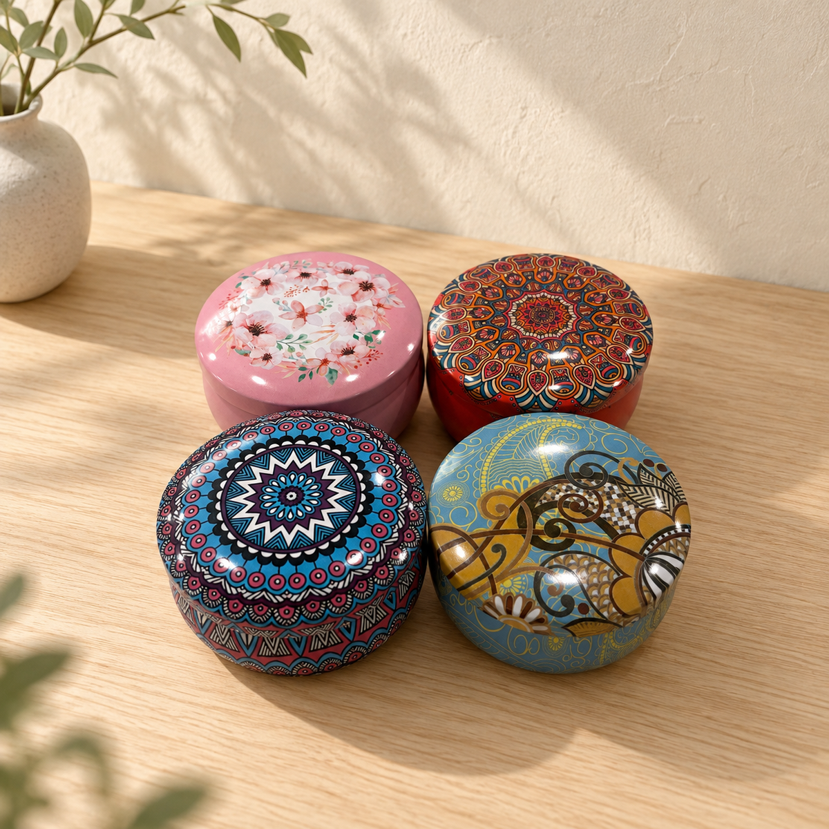 Decorative candle tins on a wooden tabletop