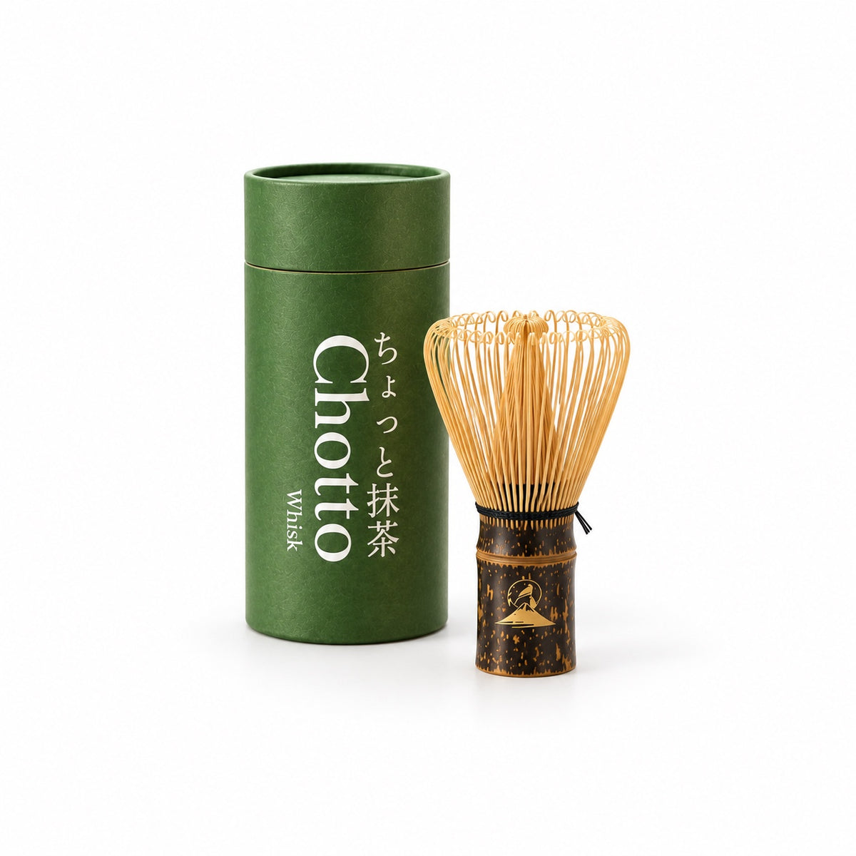 Chotto Matcha bamboo whisk with green cylindrical box on a white background